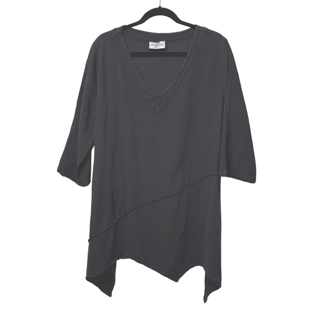 Cottonways Black Gauze Cotton Asymmetric Tunic Top Size 3 Lagenlook Boho V-Neck